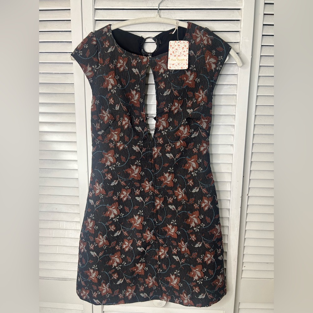 Free People Floral Cap-Sleeve Black & Rust Keyhole Dress Size 2